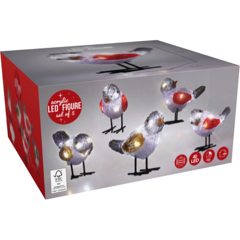 Kerstfiguur Acryl - Vogels - Led - Set Van 5