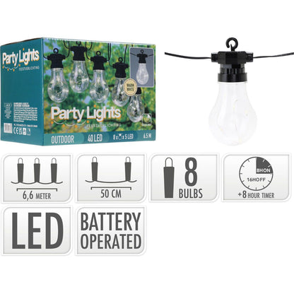 Feestverlichting Op Batterijen - 8 Lampen - 40 Led - 4.50 Meter - Warm Wit - Met Timer