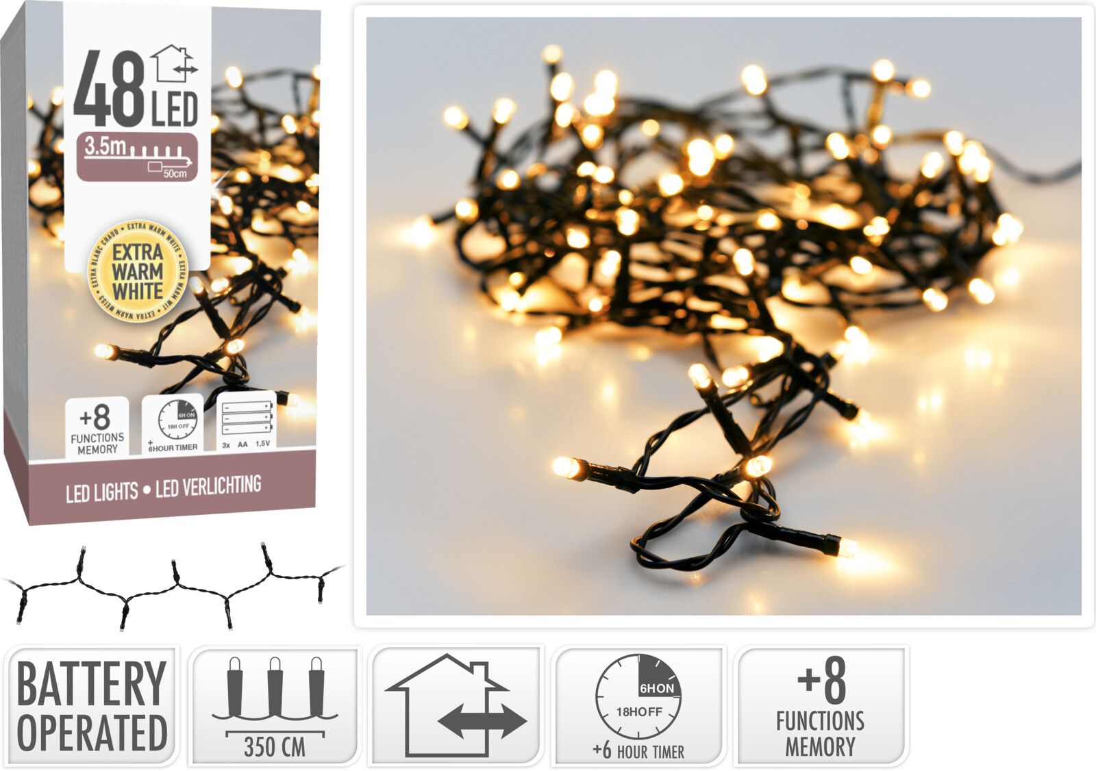 Kerstverlichting 48 Led - 3.50M - Extra Warm Wit - Batterij - Lichtfuncties - Geheugen - Timer