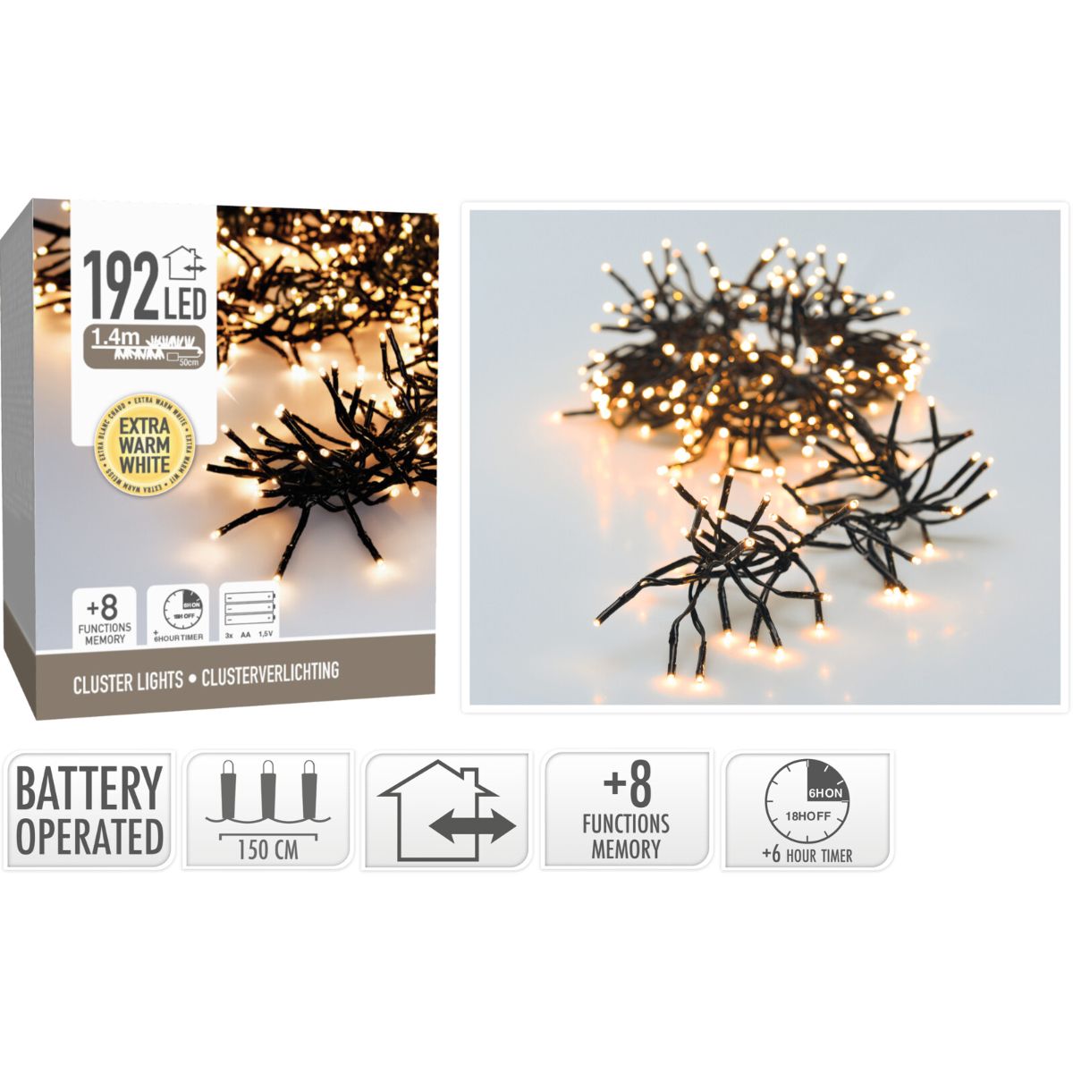 Clusterverlichting 192 Led -  1.4M - Extra Warm Wit - Batterij - Lichtfuncties - Geheugen - Timer