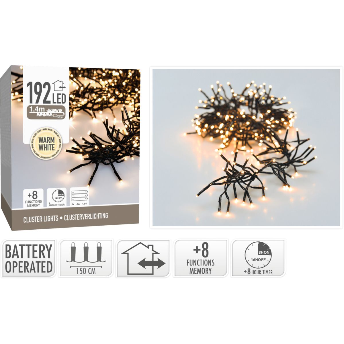 Clusterverlichting 192 Led -  1.4M - Warm Wit - Batterij - Lichtfuncties - Geheugen - Timer