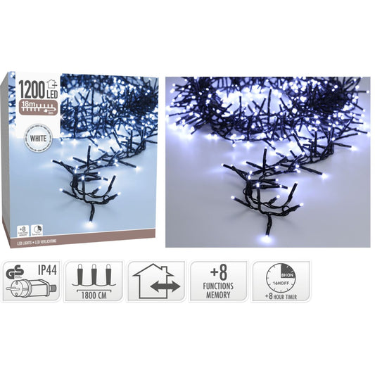 Maxi Cluster Kerstverlichting - 1200 Led - 18M - Wit - Timer - Lichtfuncties - Geheugen - Buiten