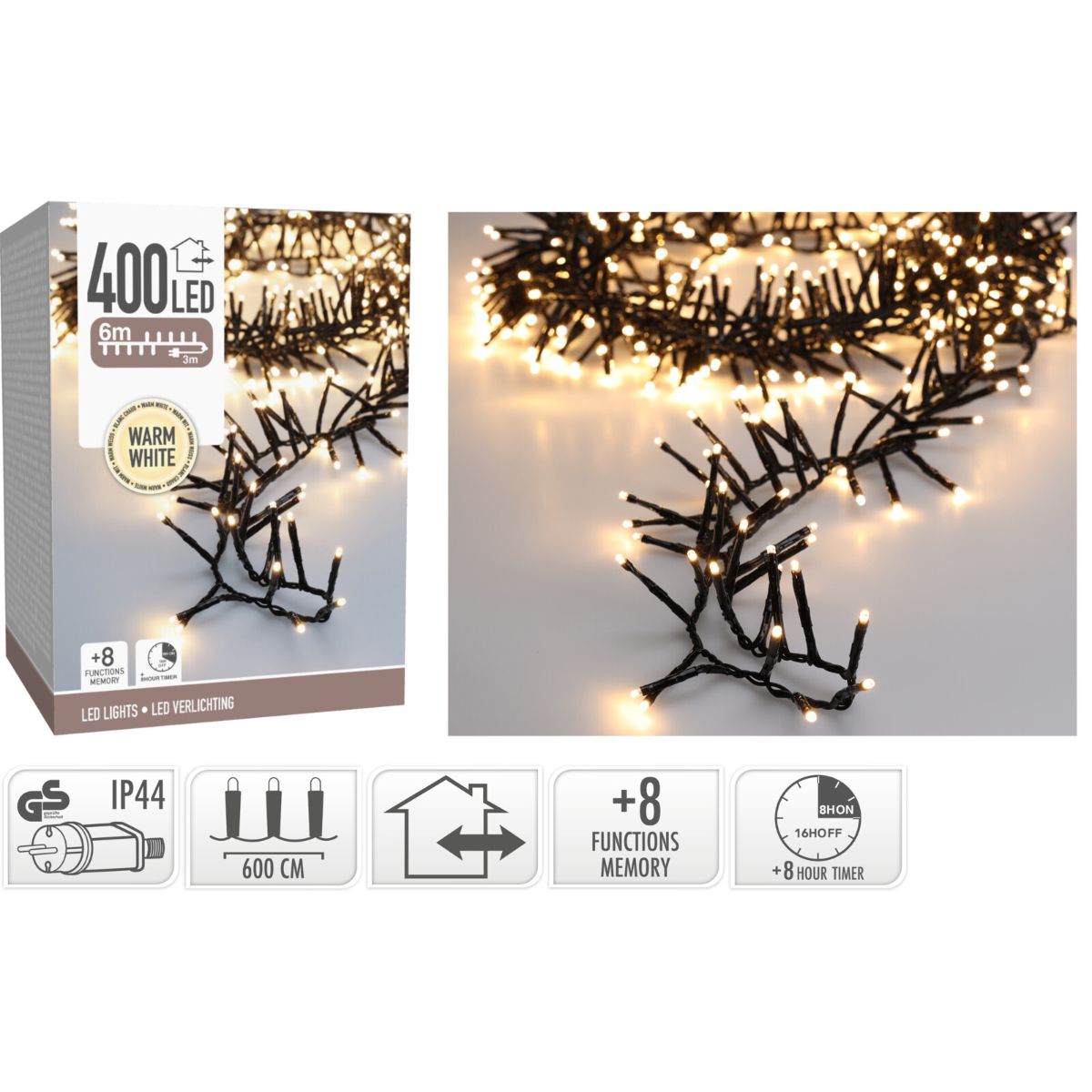 Maxi Cluster Kerstverlichting - 400 Led - 6M - Warm Wit - Timer - Lichtfuncties - Geheugen - Buiten