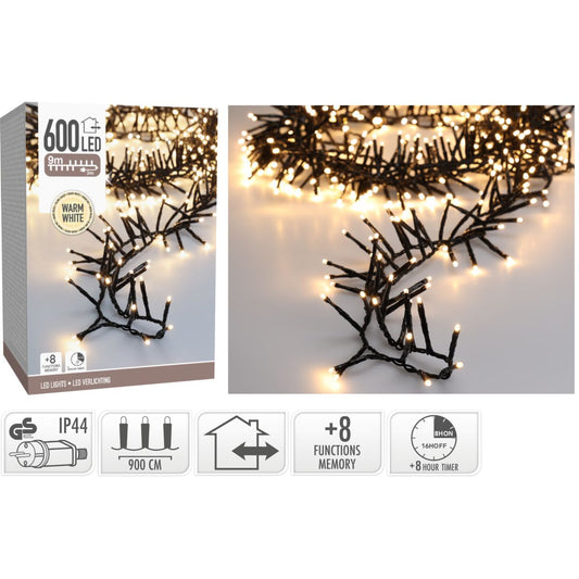 Maxi Cluster Kerstverlichting - 600 Led - 9M - Warm Wit - Timer - Lichtfuncties - Geheugen - Buiten