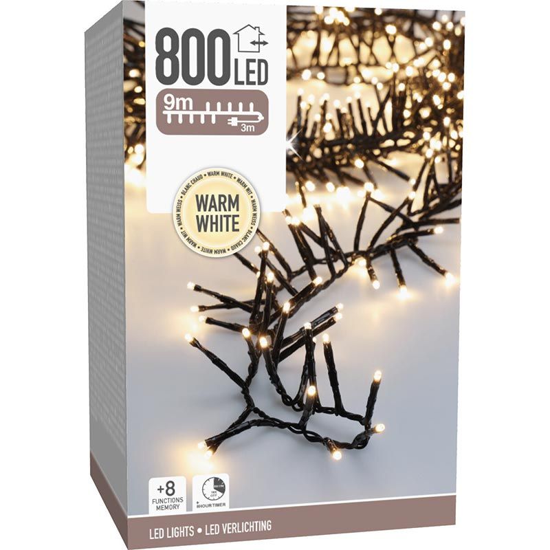 Maxi Cluster Kerstverlichting - 800 Led - 12M - Warm Wit - Timer - Lichtfuncties - Geheugen - Buiten