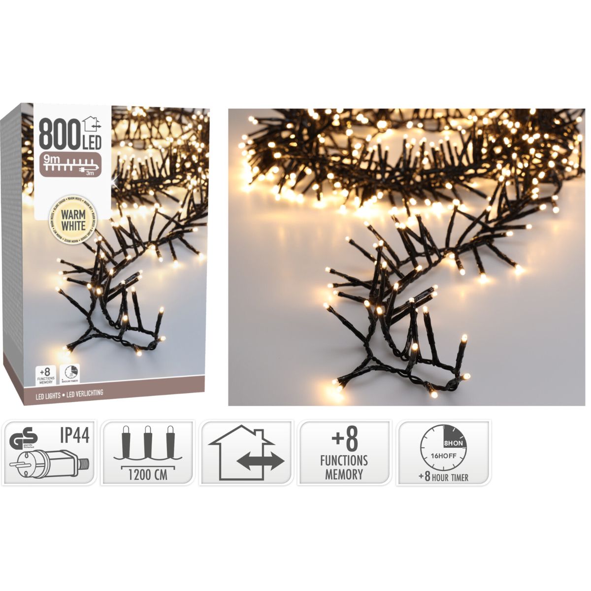 Maxi Cluster Kerstverlichting - 800 Led - 12M - Warm Wit - Timer - Lichtfuncties - Geheugen - Buiten