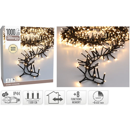 Maxi Cluster Kerstverlichting - 1000 Led - 15M - Warm Wit - Timer - Lichtfuncties - Geheugen - Buiten