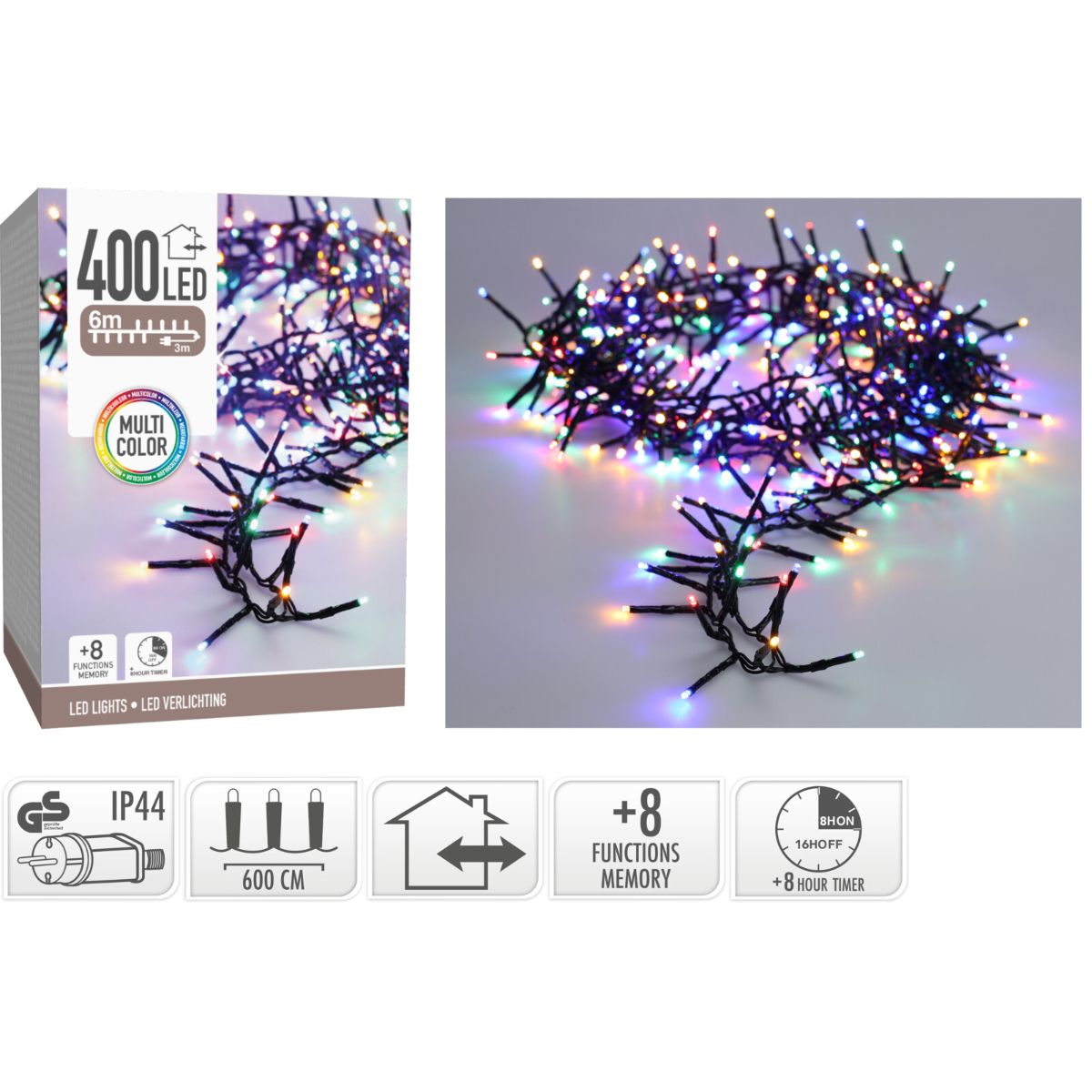 Maxi Cluster Kerstverlichting - 400 Led - 6M - Multicolor - Timer - Lichtfuncties - Geheugen - Buiten