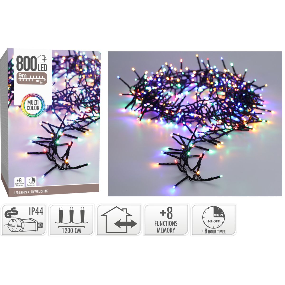 Maxi Cluster Kerstverlichting - 800 Led - 12M - Multicolor - Timer - Lichtfuncties - Geheugen - Buiten