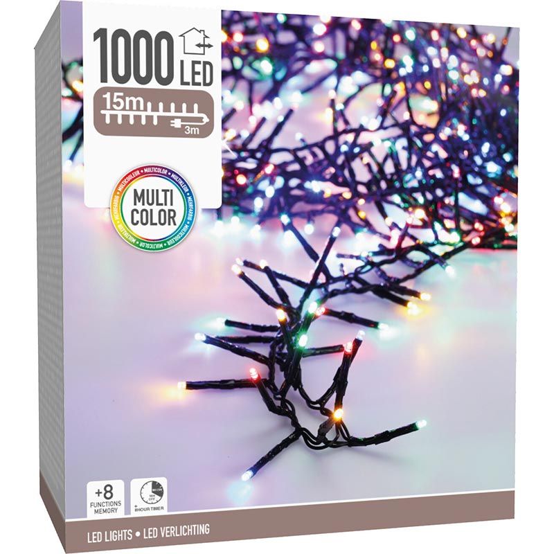 Maxi Cluster Kerstverlichting - 1000 Led - 15M - Multicolor - Timer - Lichtfuncties - Geheugen - Buiten