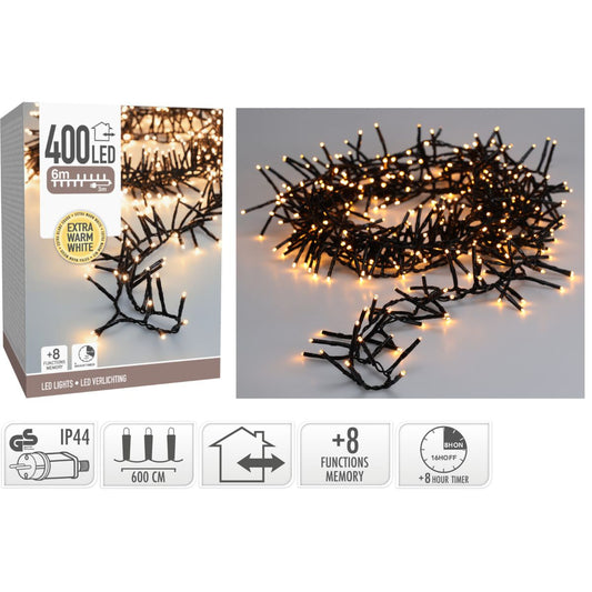 Maxi Cluster Kerstverlichting - 400 Led - 6M - Extra Warm Wit - Timer - Lichtfuncties - Geheugen - Buiten