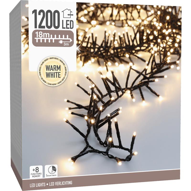 Maxi Cluster Kerstverlichting - 1200 Led - 18M - Warm Wit - Timer - Lichtfuncties - Geheugen - Buiten