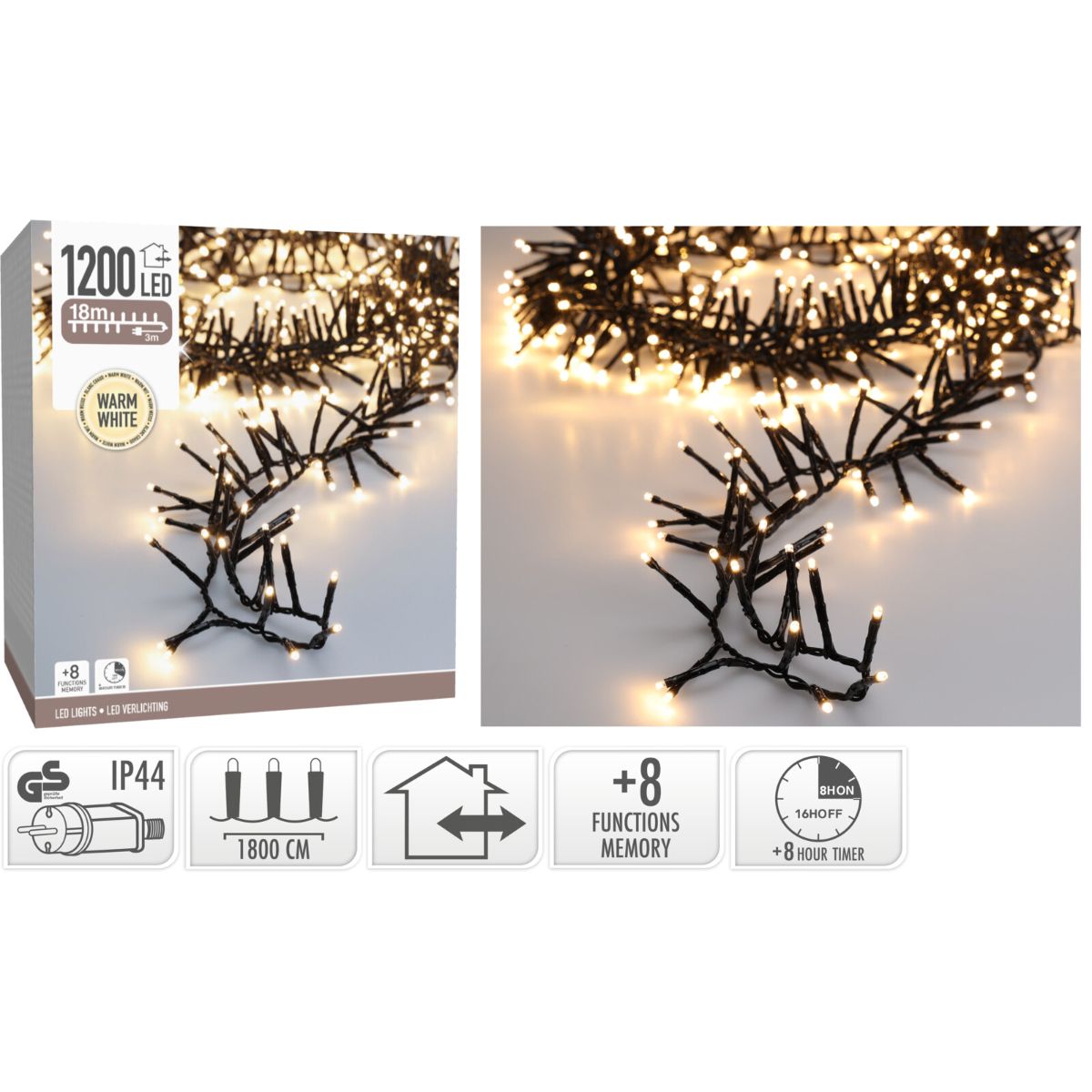 Maxi Cluster Kerstverlichting - 1200 Led - 18M - Warm Wit - Timer - Lichtfuncties - Geheugen - Buiten