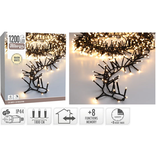 Maxi Cluster Kerstverlichting - 1200 Led - 18M - Warm Wit - Timer - Lichtfuncties - Geheugen - Buiten