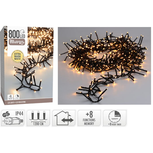 Maxi Cluster Kerstverlichting - 800 Led - 12M - Extra Warm Wit - Timer - Lichtfuncties - Geheugen - Buiten