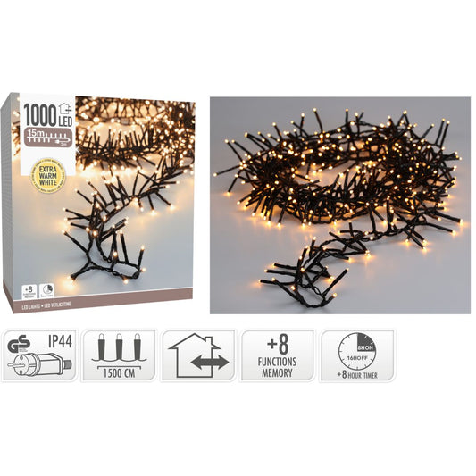 Maxi Cluster Kerstverlichting - 1000 Led - 15M - Extra Warm Wit - Timer - Lichtfuncties - Geheugen - Buiten