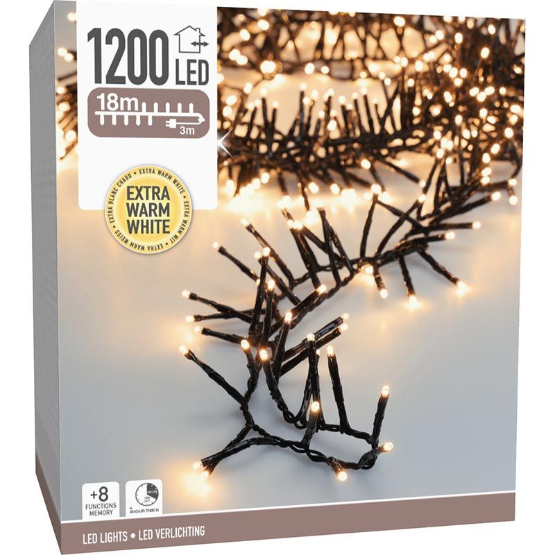 Maxi Cluster Kerstverlichting - 1200 Led - 18M - Extra Warm Wit - Timer - Lichtfuncties - Geheugen - Buiten