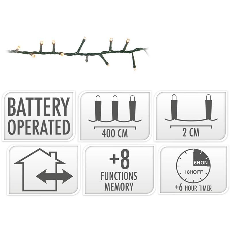 Micro Cluster 200 Led - 4M - Three Tone Traditional - Batterij - Lichtfuncties - Geheugen - Timer