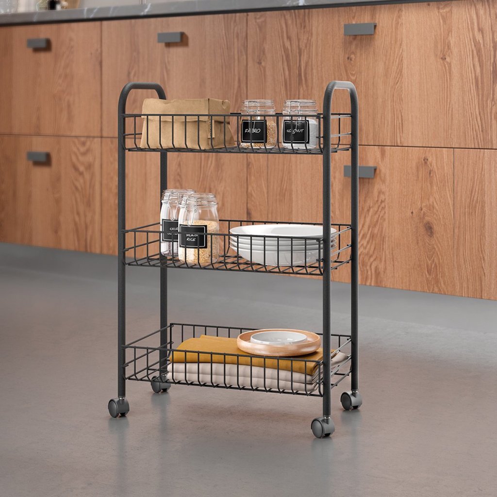 Metaltex Lugano Trolly Met Wielen + 3 Manden 41X23X63 Cm Zwart/Metaal