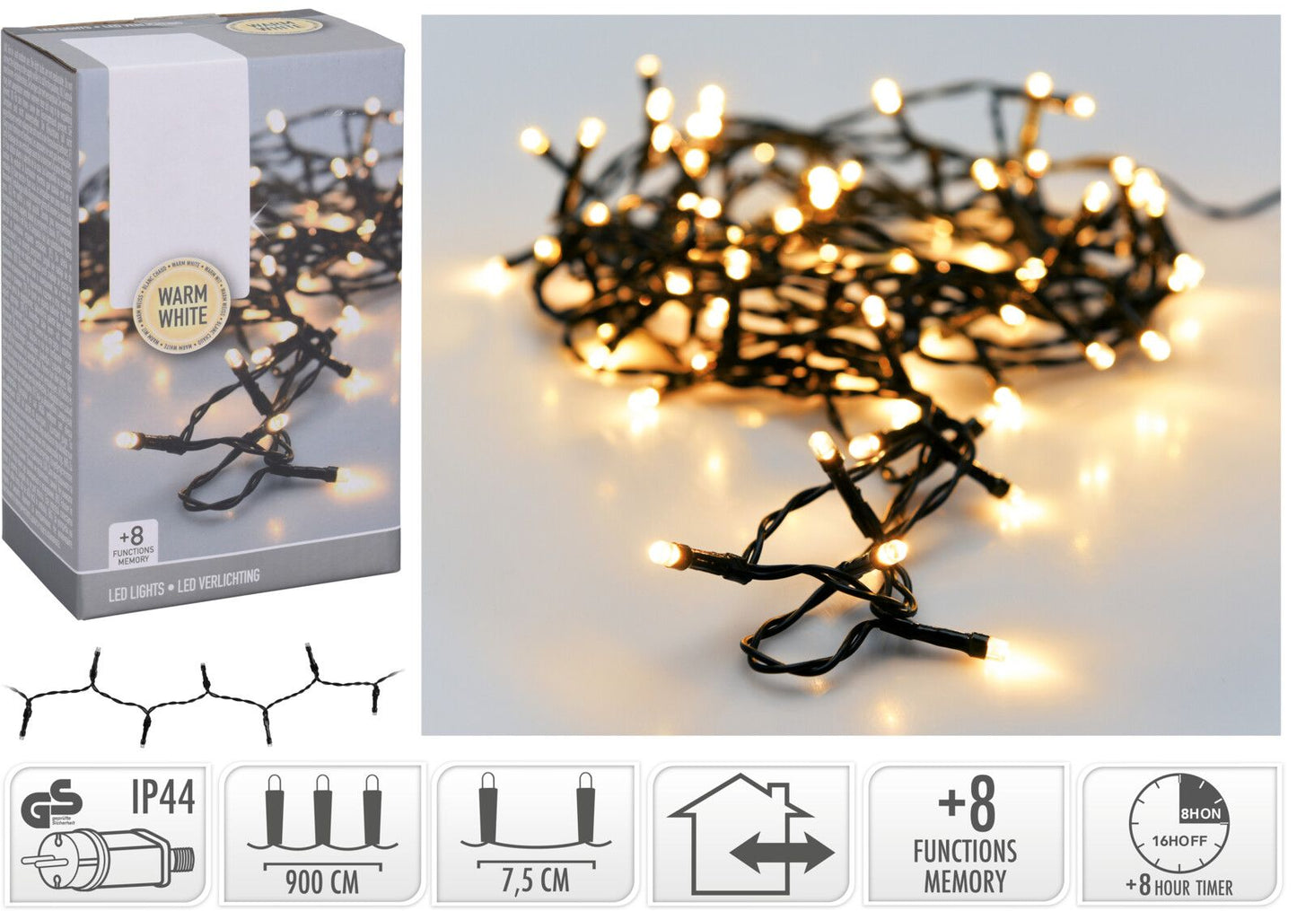 Kerstverlichting 120 Led- 9M - Warm Wit - Timer - Lichtfuncties - Geheugen - Buiten