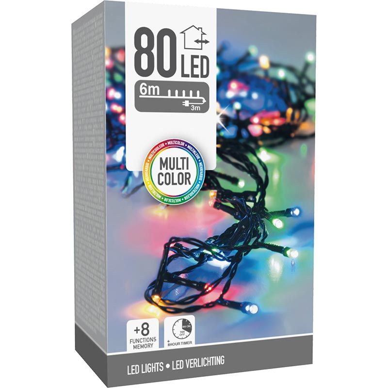 Kerstverlichting 80 Led- 6M - Multicolor - Timer - Lichtfuncties - Geheugen - Buiten