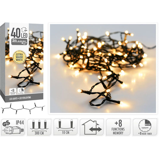 Kerstverlichting 40 Led- 3M - Extra Warm Wit - Timer - Lichtfuncties - Geheugen - Buiten