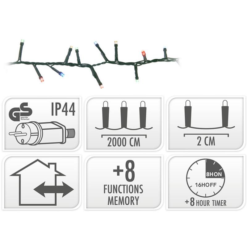Microcluster - 1000 Led - 20M - Multicolor - Timer - Lichtfuncties - Geheugen - Buiten
