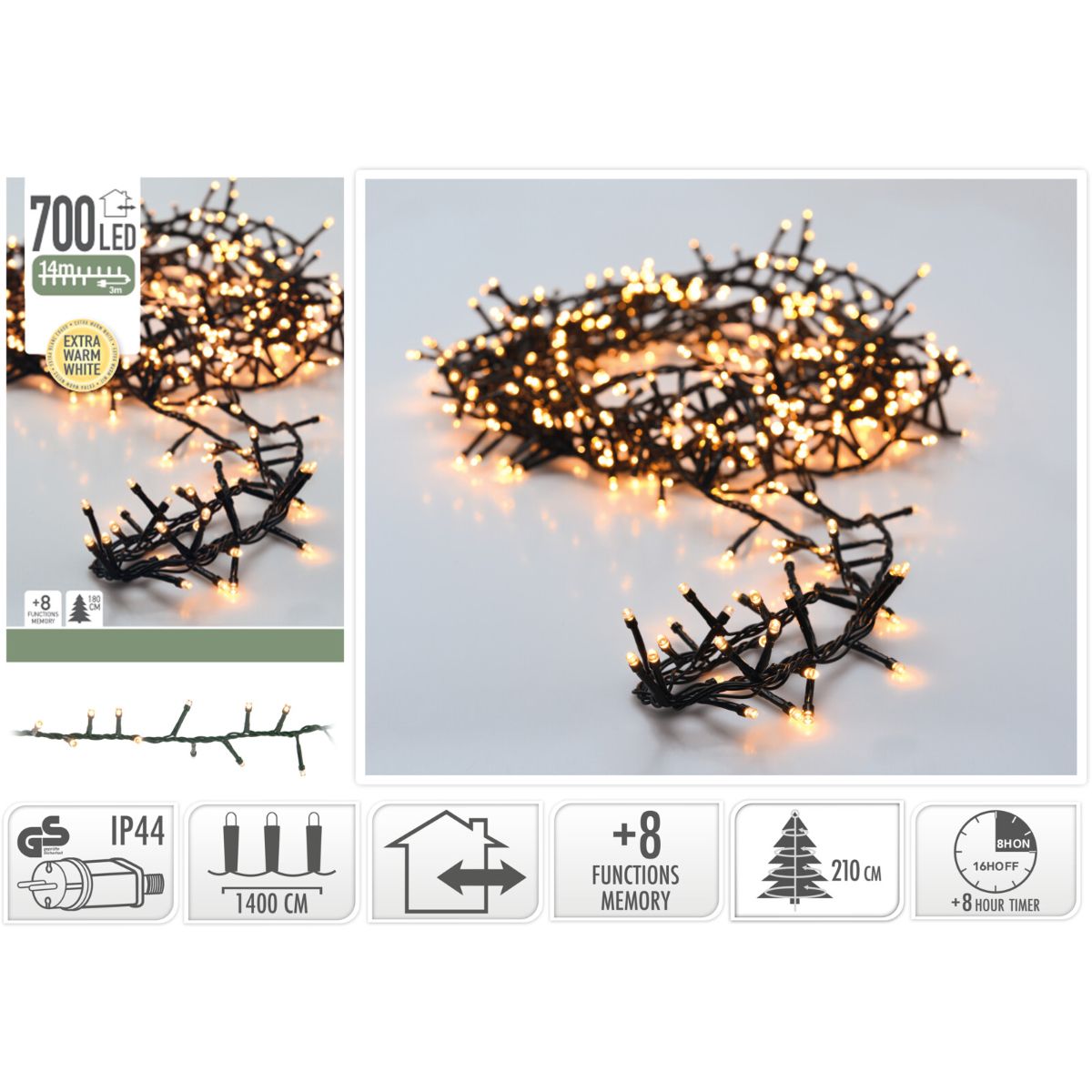 Microcluster - 700 Led - 14M - Extra Warm Wit - Timer - Lichtfuncties - Geheugen - Buiten