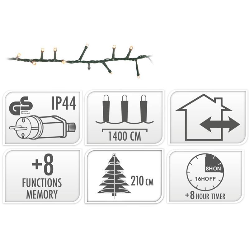 Microcluster - 700 Led - 14M - Extra Warm Wit - Timer - Lichtfuncties - Geheugen - Buiten
