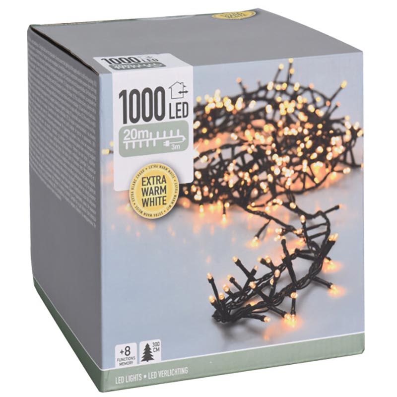 Microcluster - 1000 Led - 20M - Extra Warm Wit - Timer - Lichtfuncties - Geheugen - Buiten