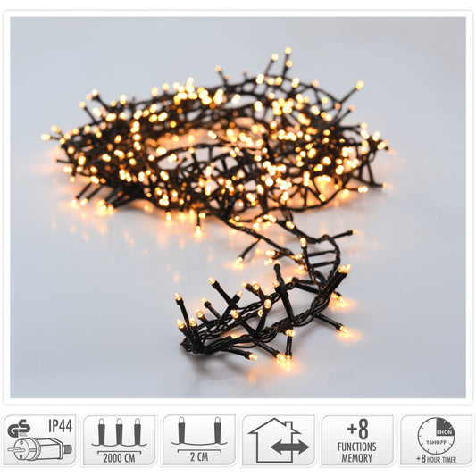 Microcluster - 1000 Led - 20M - Extra Warm Wit - Timer - Lichtfuncties - Geheugen - Buiten