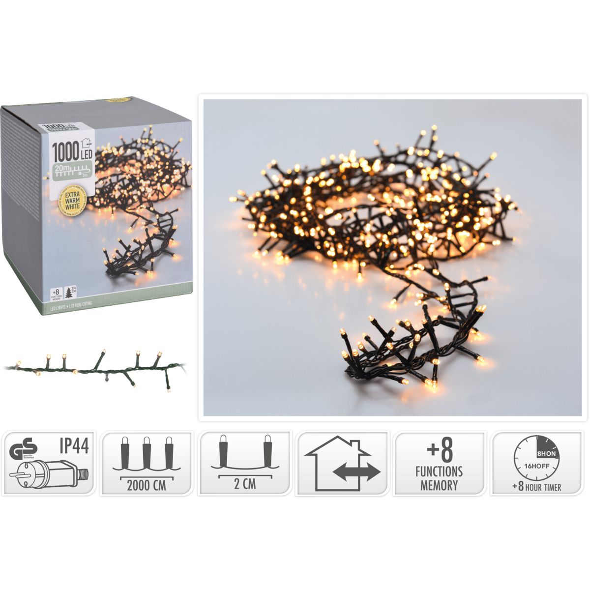 Microcluster - 1000 Led - 20M - Extra Warm Wit - Timer - Lichtfuncties - Geheugen - Buiten