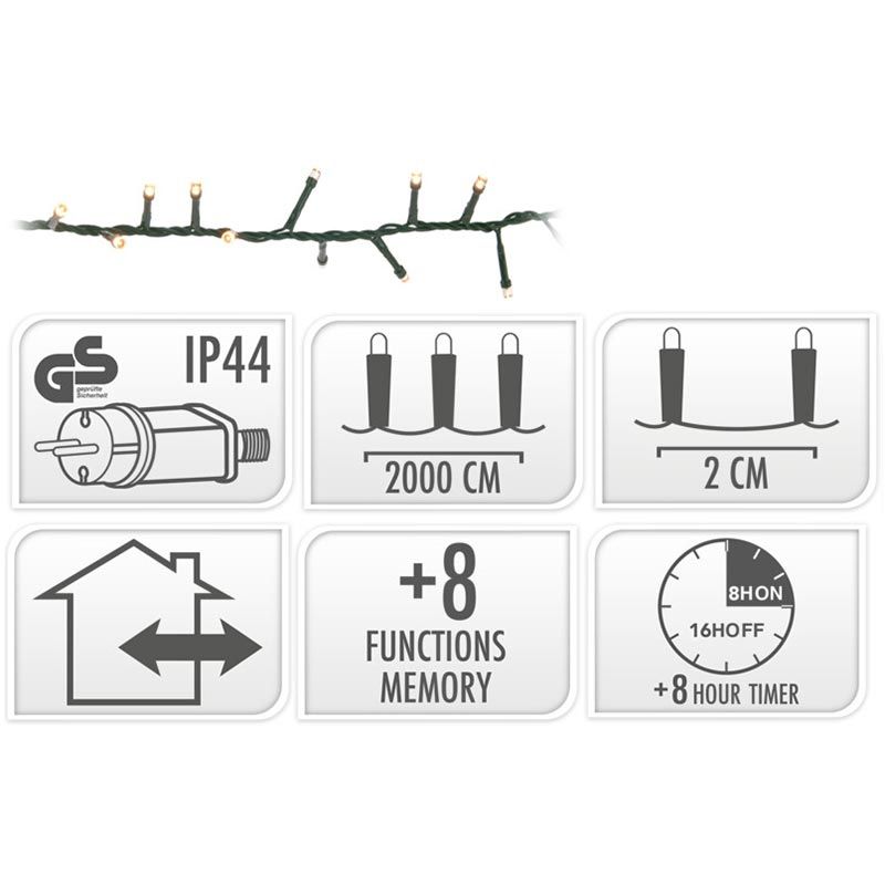 Microcluster - 1000 Led - 20M - Extra Warm Wit - Timer - Lichtfuncties - Geheugen - Buiten