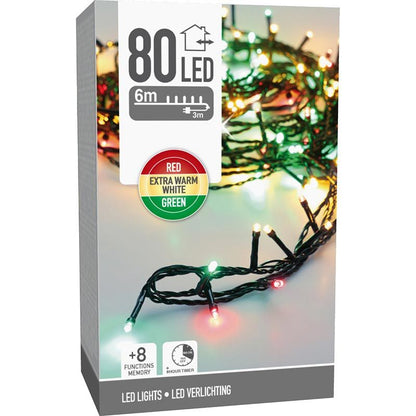 Kerstverlichting 80 Led- 6M - Three Tone Traditional - Timer - Lichtfuncties - Geheugen - Buiten