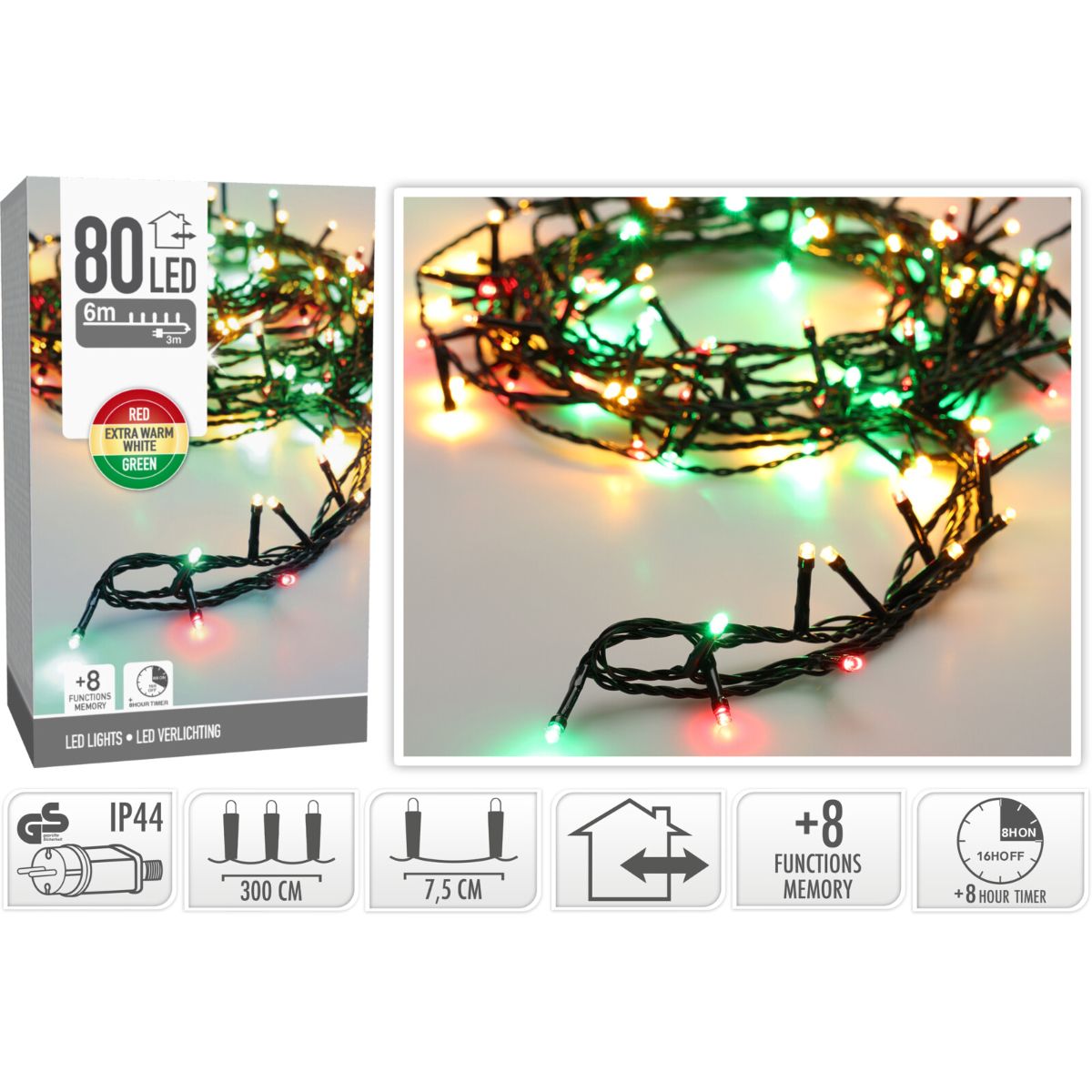 Kerstverlichting 80 Led- 6M - Three Tone Traditional - Timer - Lichtfuncties - Geheugen - Buiten