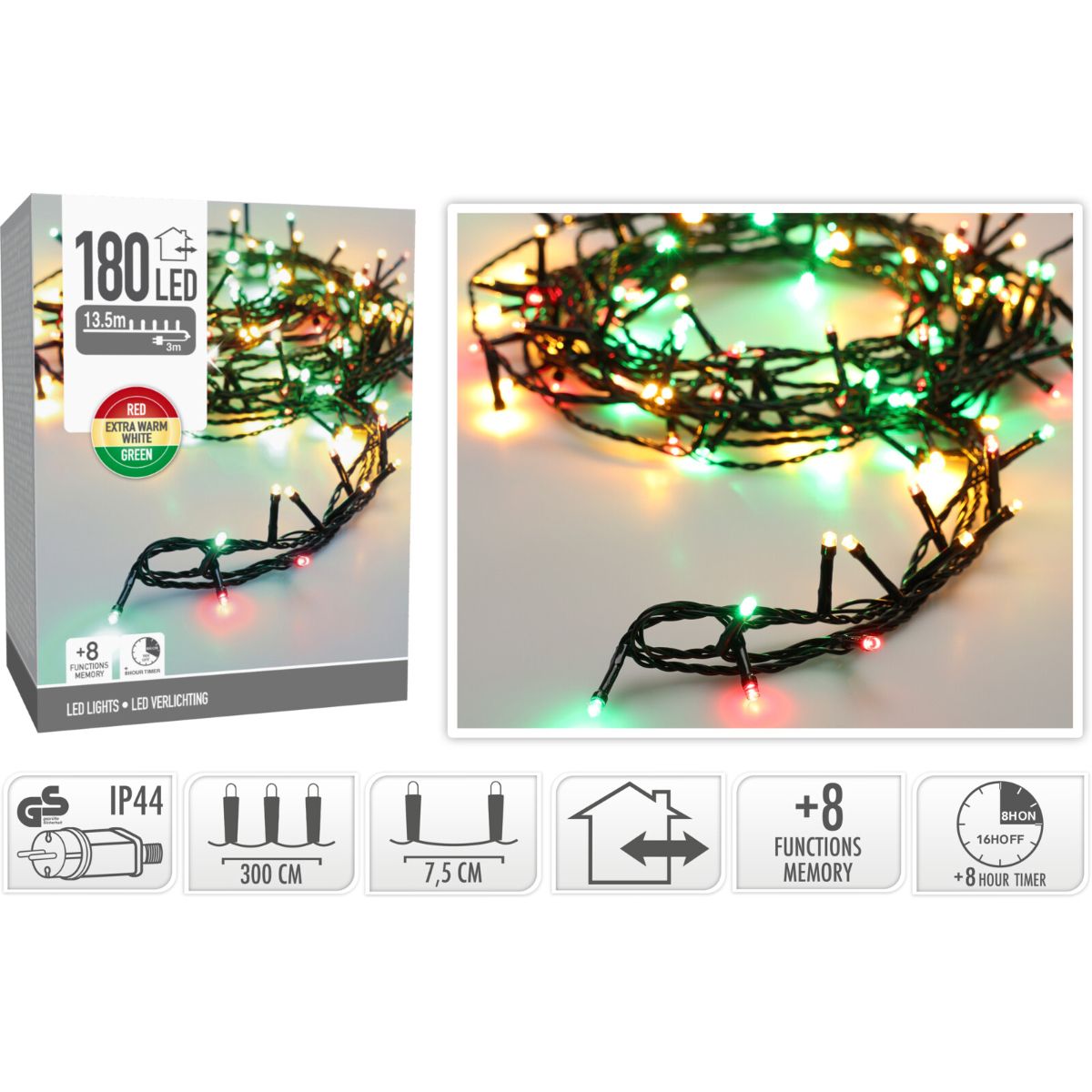 Kerstverlichting 180 Led- 13.5M - Three Tone Traditional - Timer - Lichtfuncties - Geheugen - Buiten