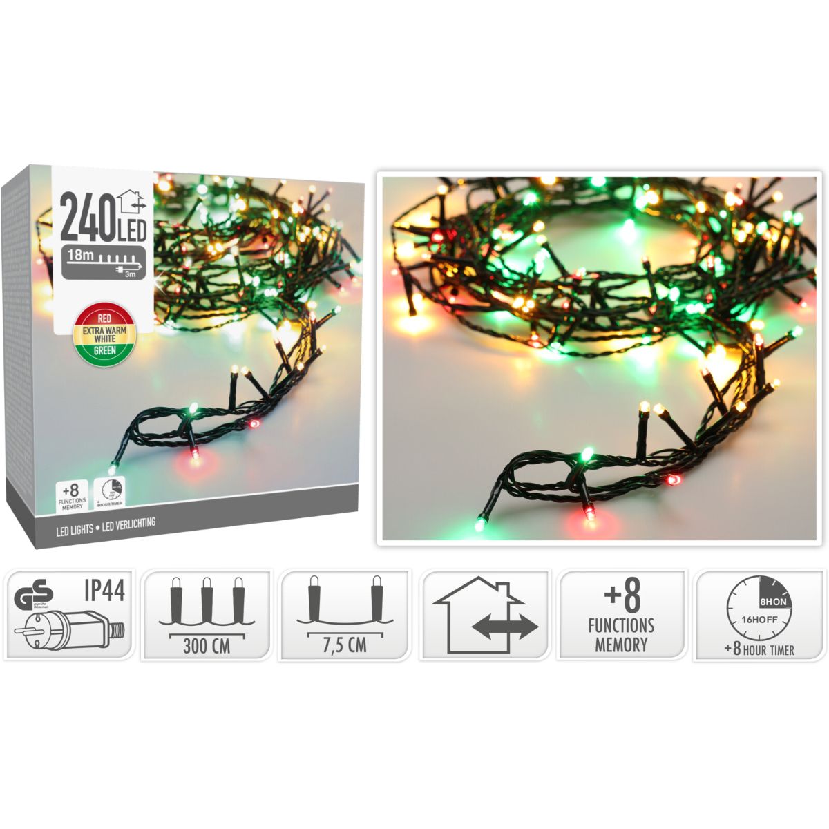 Kerstverlichting 240 Led- 18M - Three Tone Traditional - Timer - Lichtfuncties - Geheugen - Buiten