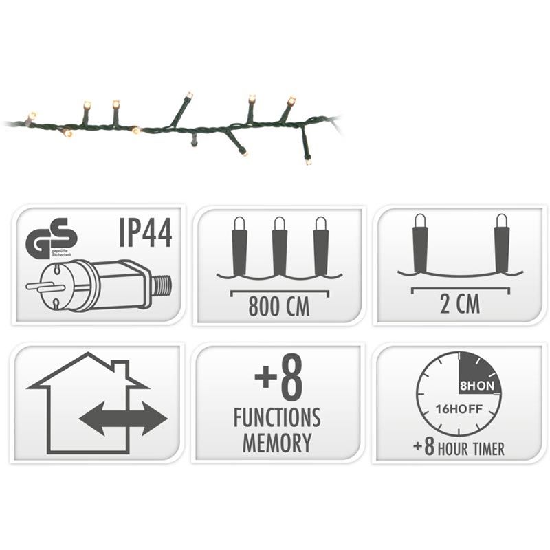 Microcluster - 400 Led - 8M - Warm Wit - Timer - Lichtfuncties - Geheugen - Buiten