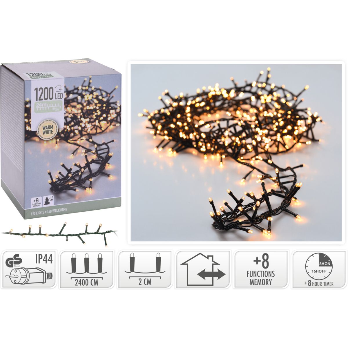 Microcluster - 1200 Led - 24M - Warm Wit - Timer - Lichtfuncties - Geheugen - Buiten