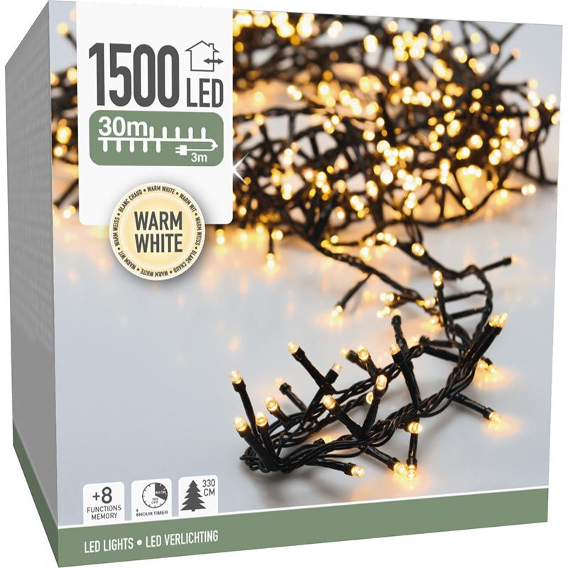 Microcluster - 1500 Led - 30M - Warm Wit - Timer - Lichtfuncties - Geheugen - Buiten