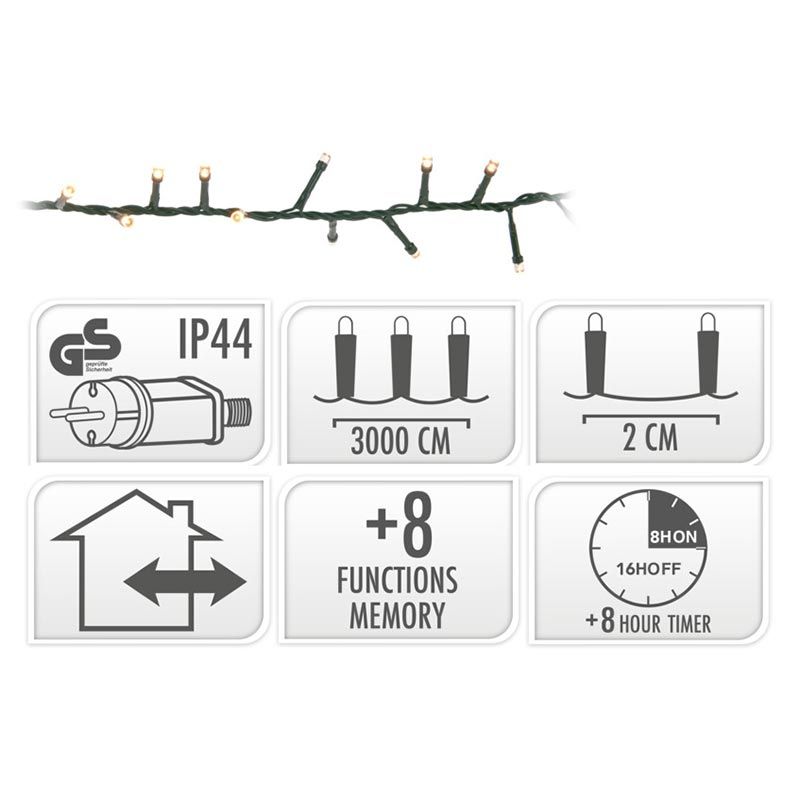 Microcluster - 1500 Led - 30M - Warm Wit - Timer - Lichtfuncties - Geheugen - Buiten