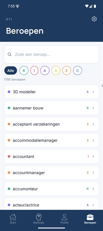Beroepenlijst in de Ikzelf-app met bijna 1.800 beroepen
