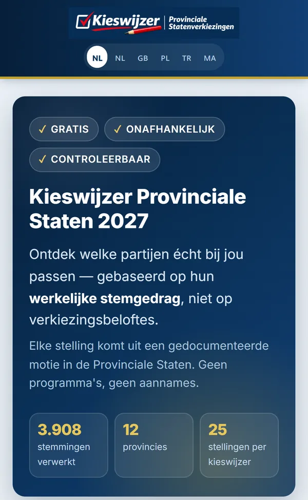 De startpagina van de stemwijzer op een telefoon, met de taalkeuze en de kerncijfers